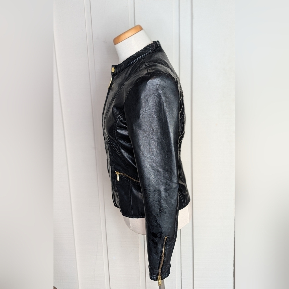 Therapy Faux Leather Jacket Lined Biker Moto Brassy Gold Accents Women Size S - Picture 9 of 17